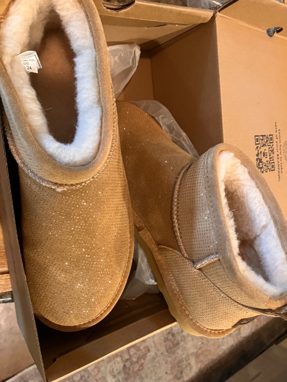 BearPaw Women's Tan Sparkle Short Shearling Ankle Boots